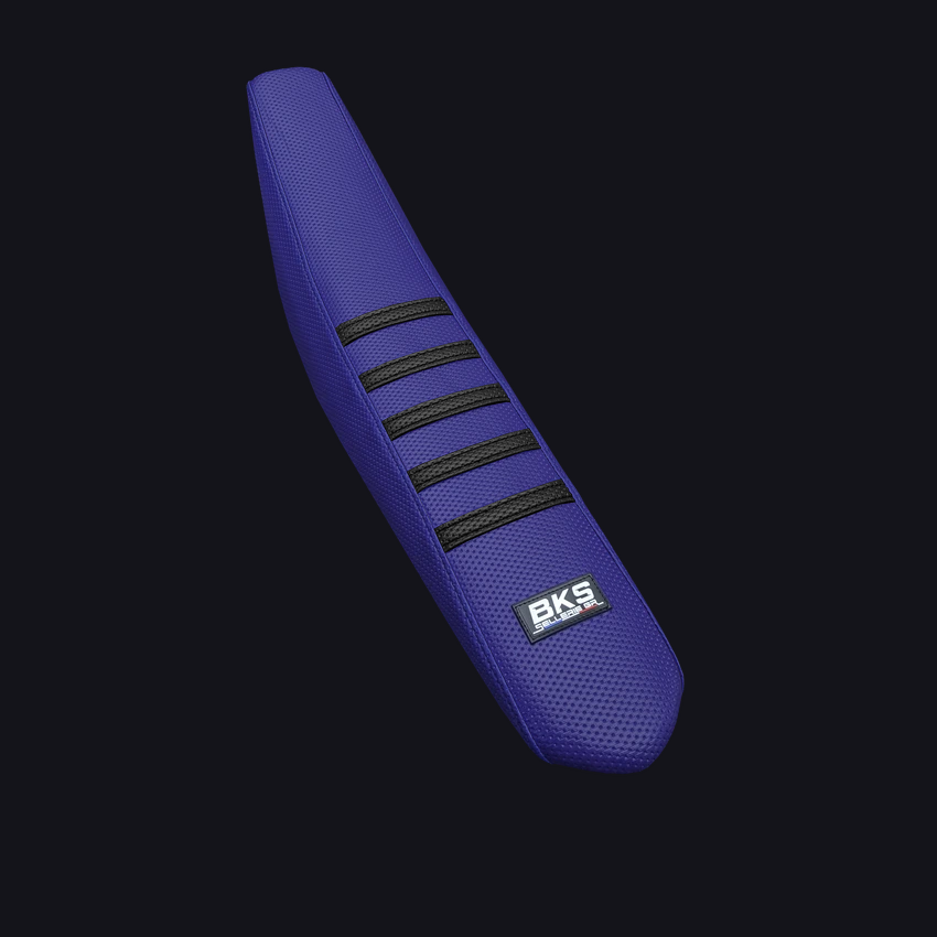 Housse de selle cross Husqvarna — Bleu à bandes noires, cousue main par BKS