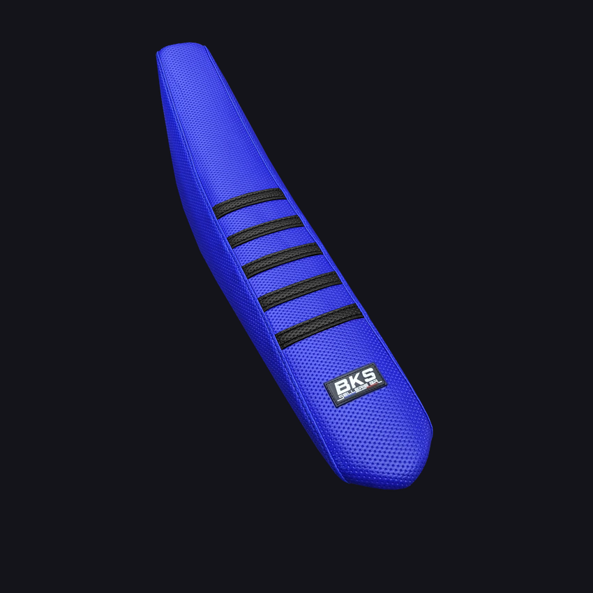 Housse de selle cross Yamaha — Bleu à bandes noires, cousue main par BKS