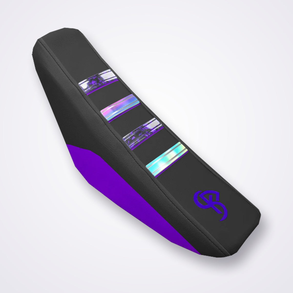 Housse de selle pit bike noire et violette, bandes carbone forgé violet et holographiques