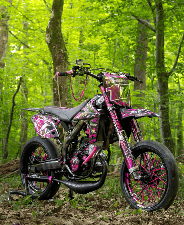 Cinquante préparée rose et noire, garée en forêt