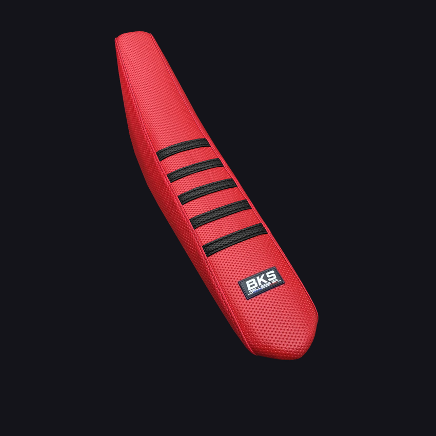 Housse de selle cross Beta — Rouge à bandes noires, cousue main par BKS