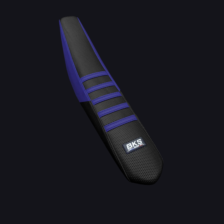 Housse de selle cross Husqvarna — Noire à flanc bleu, cousue main par BKS