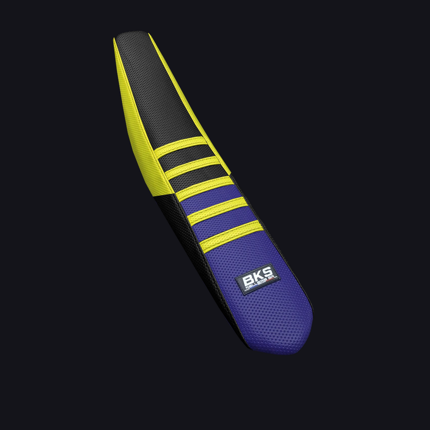 Housse de selle cross Husqvarna — Tricolore Bleu et jaune, cousue main par BKS
