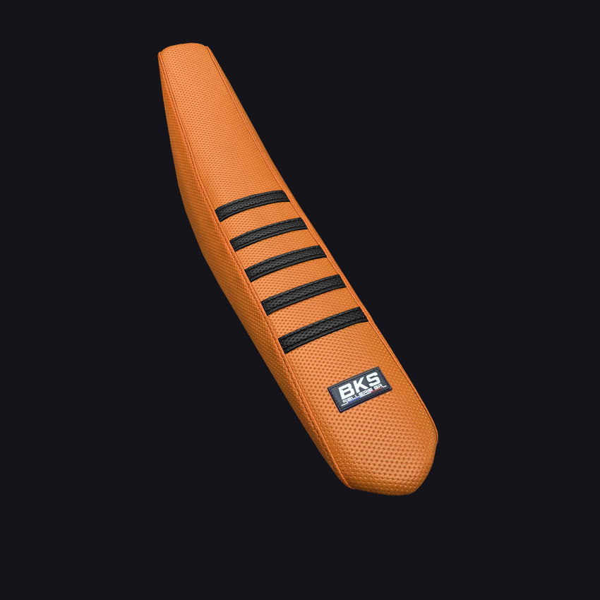 Housse de selle cross KTM — Orange à bandes noires, cousue main par BKS