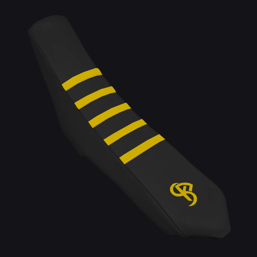 Housse de selle 50cc EVO BLACK Jaune — bandes grip sur dessus noir, cousue main par BKS