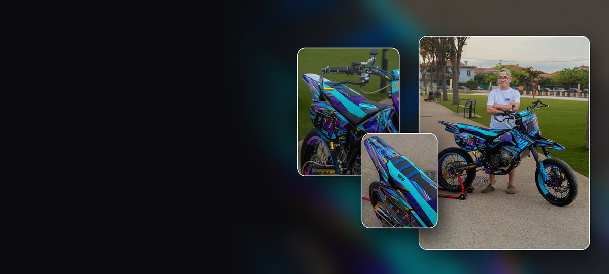 Supermotard turquoise et violet avec son pilote, housse de selle BKS en gros plan et vue de dessus brodée BKS