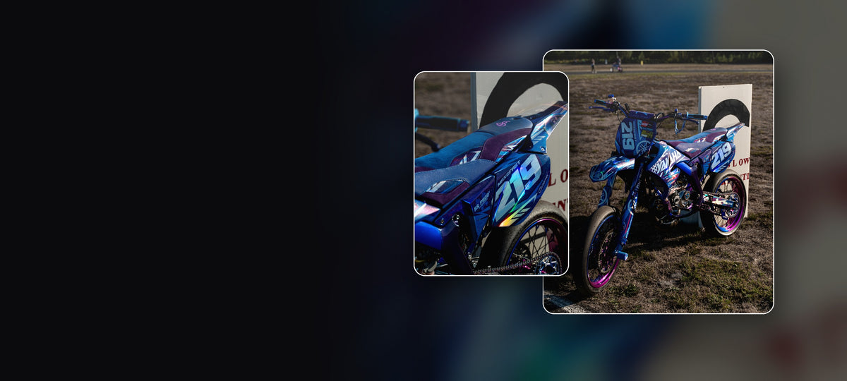Supermotard Yamaha bleue numéro 219, housse de selle BKS bleue et alcantara violet