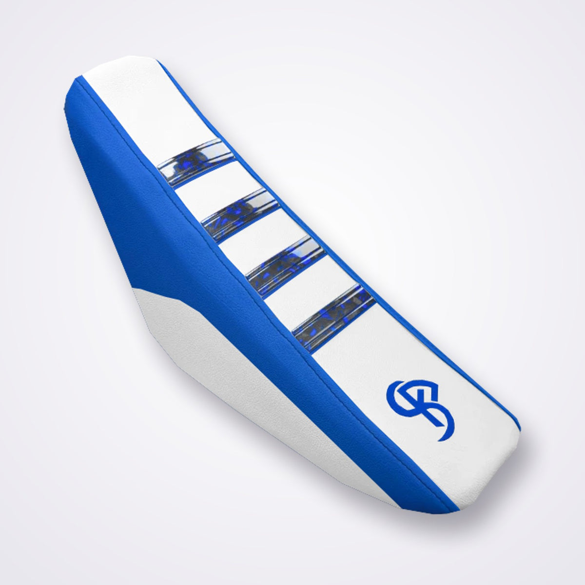 Housse de selle pit bike bleue et blanche, bandes grip carbone forgé bleu
