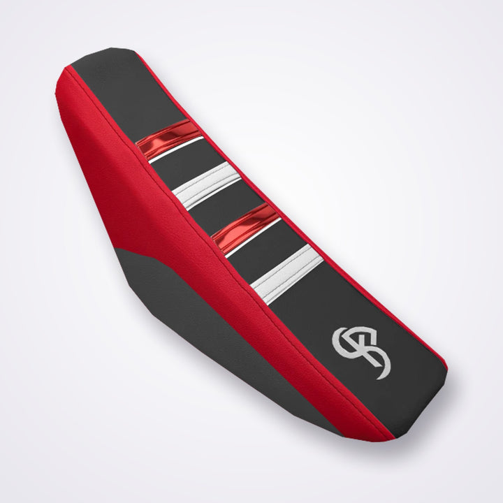 Housse de selle pit bike BKS rouge et noire à bandes grip chrome rouge